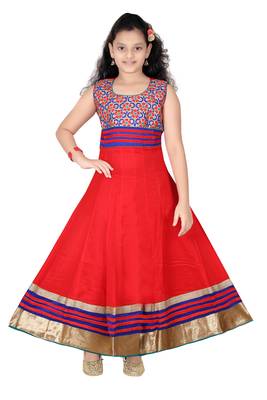 Red woven cotton kids salwar suit 1