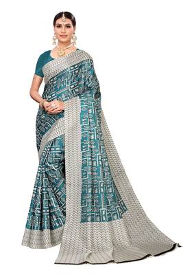 Green printed khadi saree with blouse 1