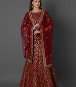 Maroon embroidered art silk unstitched lehenga