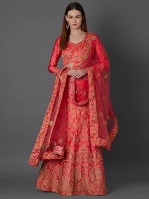 Peach embroidered art silk unstitched lehenga 1