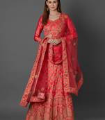 Peach embroidered art silk unstitched lehenga