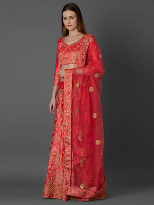 Peach embroidered art silk unstitched lehenga 2