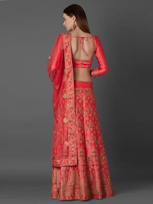 Peach embroidered art silk unstitched lehenga 3