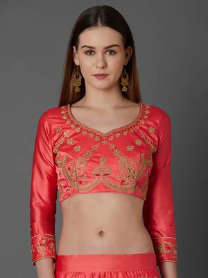 Peach embroidered art silk unstitched lehenga 4