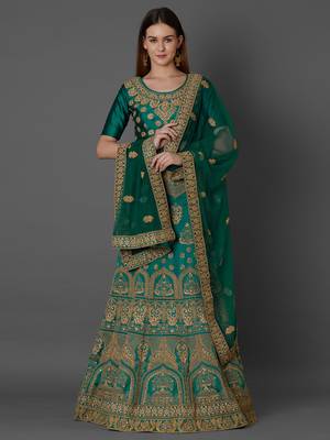 Green embroidered art silk unstitched lehenga 1