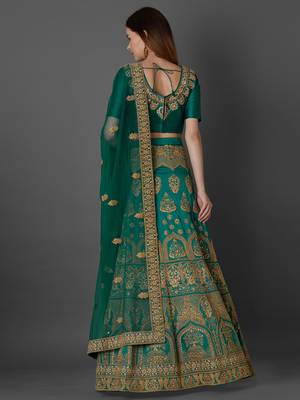 Green embroidered art silk unstitched lehenga 2
