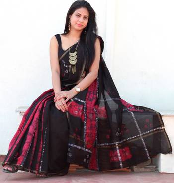Black hand woven chanderi saree with blouse 1