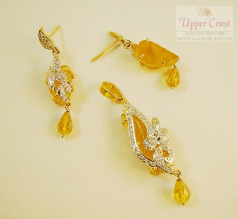 Deep Yellow Carved CZ Pendant Earring Jewellery