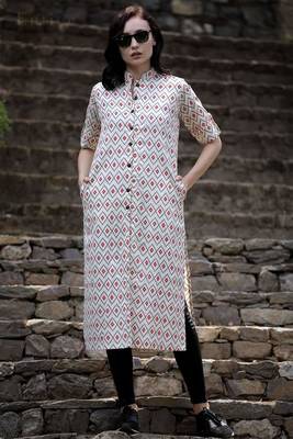 Off White Geometric Print Straight Kurta 1