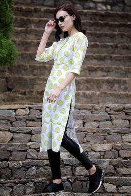 White & Olive Damask Printed Straight Kurta 1