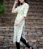 White & Olive Damask Printed Straight Kurta