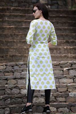 White & Olive Damask Printed Straight Kurta 2