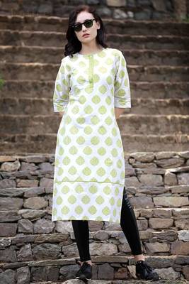 White & Olive Damask Printed Straight Kurta 4