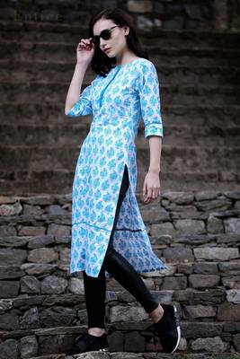 White & Blue Damask Printed Straight Kurta 1