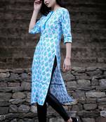 White & Blue Damask Printed Straight Kurta