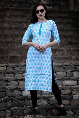 White & Blue Damask Printed Straight Kurta 4