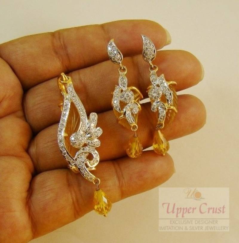 Deep Yellow Carved CZ Pendant Earring Jewellery