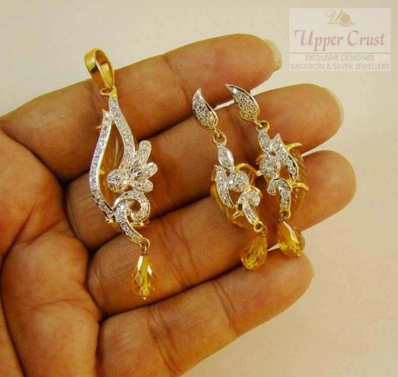 Deep Yellow Carved CZ Pendant Earring Jewellery
