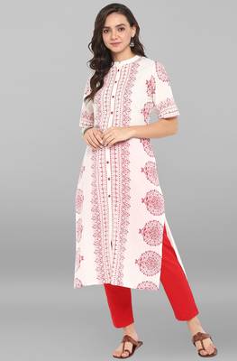 Janasya White printed cotton ethnic kurti with narrow pant 1