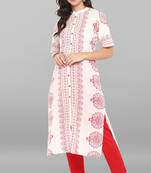 Janasya White printed cotton ethnic kurti with narrow pant