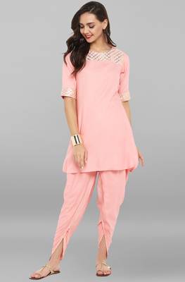 Janasya Pink printed rayon ethnic kurti with dhoti 1