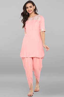 Janasya Pink printed rayon ethnic kurti with dhoti 2