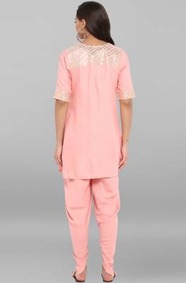 Janasya Pink printed rayon ethnic kurti with dhoti 5