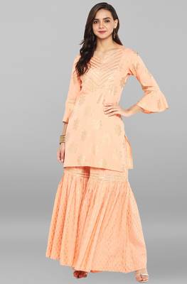 Janasya Peach printed rayon ethnic kurti with sharara 1