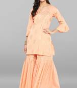 Janasya Peach printed rayon ethnic kurti with sharara