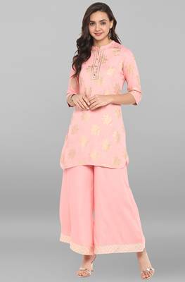 Janasya Pink printed rayon ethnic kurti with palazzo 1