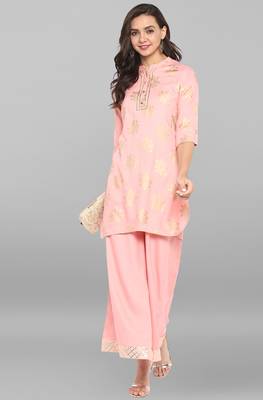 Janasya Pink printed rayon ethnic kurti with palazzo 2
