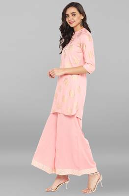 Janasya Pink printed rayon ethnic kurti with palazzo 3