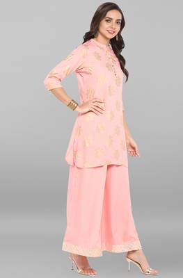 Janasya Pink printed rayon ethnic kurti with palazzo 4