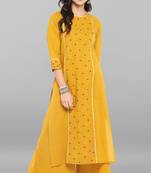 Mustard embroidered cotton ethnic kurti with palazzo