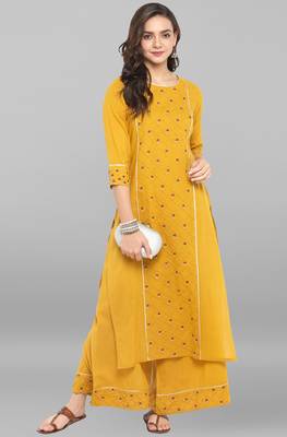 Mustard embroidered cotton ethnic kurti with palazzo 2