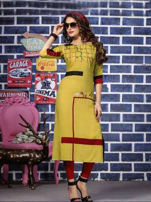 Yellow Embroidered Rayon Embroidered Kurtis 1