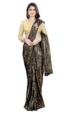 Gold printed lycra saree with blouse 1