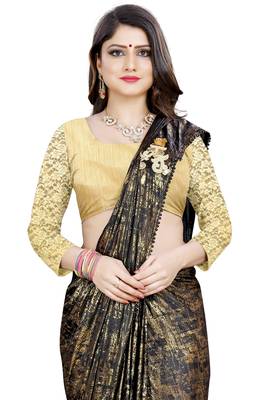 Gold printed lycra saree with blouse 2