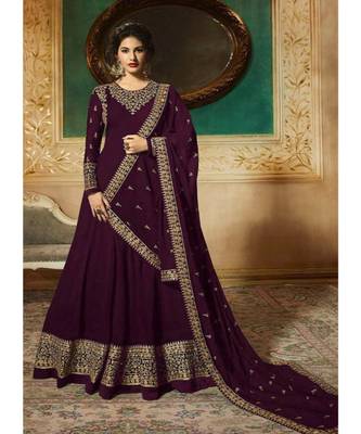 Wine Embroidered Georgette Semi Stiched Salwar With Dupatta 1