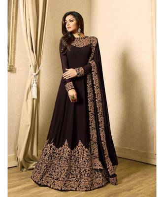 Brown Embroidered Georgette Semi Stiched Salwar With Dupatta 1
