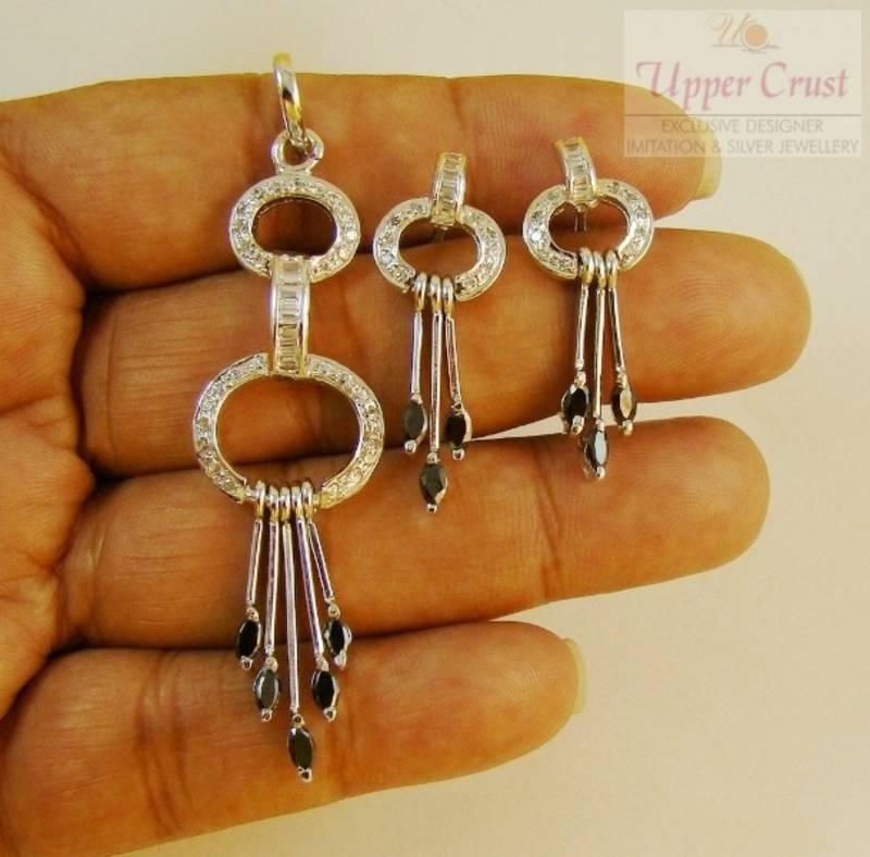 White Rhodium Plated Black Onyx CZ Pendant Earring Jewellery