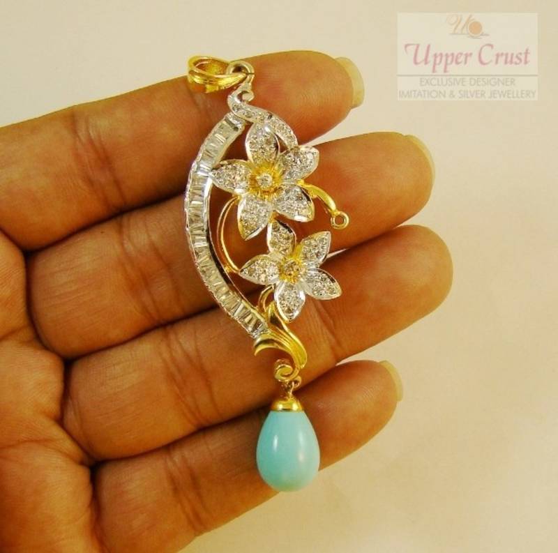 Matt Blue CZ Flower Pendant Earring Jewellery Set