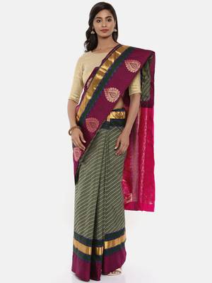 CLASSICATE From The House Of The Chennai Silks Women's  Grey Dharmavaram Silk Saree With Blouse 1
