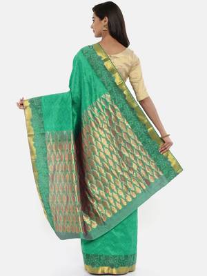 CLASSICATE From The House Of The Chennai Silks Women's Green Dharmavaram Silk Saree With Blouse 2