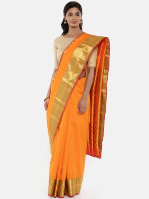 CLASSICATE From The House Of The Chennai Silks Women's Orange Dharmavaram Silk Saree With Blouse 1