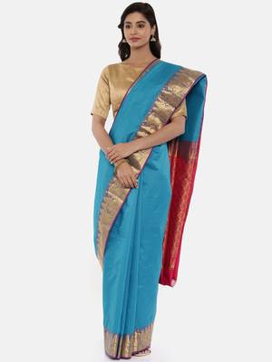 CLASSICATE From The House Of The Chennai Silks Women's Blue Dharmavaram Silk Saree With Blouse 1