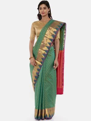 CLASSICATE From The House Of The Chennai Silks Women's Green Dharmavaram Silk Saree With Blouse 1