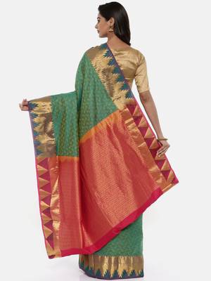 CLASSICATE From The House Of The Chennai Silks Women's Green Dharmavaram Silk Saree With Blouse 2