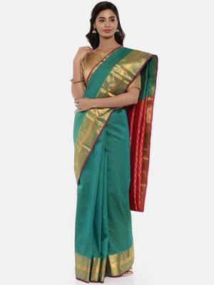 CLASSICATE From The House Of The Chennai Silks Women's Green Dharmavaram Silk Saree With Blouse 1