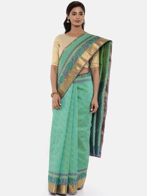 CLASSICATE From The House Of The Chennai Silks Women's Green Dharmavaram Silk Saree With Blouse 1
